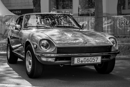 BERLIN - MAY 10, 2026: Sports car Datsun 240Z, 1970s. Black and white. Classic Days Berlin.