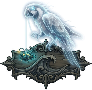 Parrot ghost haunts the dark depths of a wooden nautical sign for visitors.