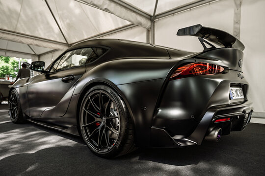 BERLIN - MAY 10, 2026: Sports car Toyota GR Supra Coupe A90 Edition. Rear view. Classic Days Berlin.