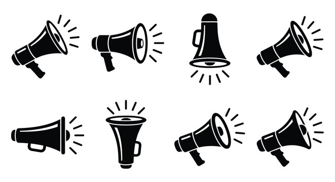 Megaphones With Sound Waves Black Silhouette Icons On White Background