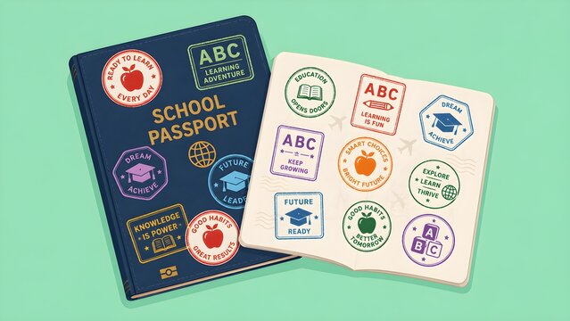 Educational school passport with colorful achievement stamps, academic learning notebook with reward stickers, student progress tracking concept