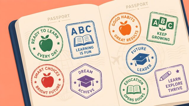 Educational passport stamps with motivational quotes, school reward stickers for student achievement, colorful learning icons on open book pages