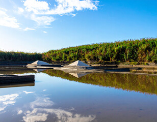 Fototapeta premium Geometric shapes of salt evaporation ponds reflect the blue sky in the Aveiro lagoon during the summer harvest season.