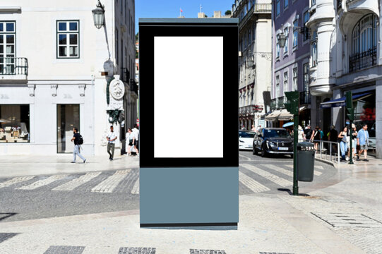 blank digital ad panel. billboard display. empty white lightbox sign. popular shopping street and square in Lisbon. mockup template. city transit station. european street setting. outdoor advertising.