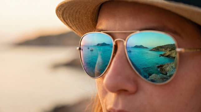 Close up of reflective sunglasses capturing breathtaking ocean landscape with face softly out of focus.