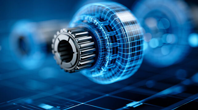 Digital engineering blueprint of mechanical components on a glowing blue grid background, technical architectural drawing and industrial design modeling concept, defocused, with