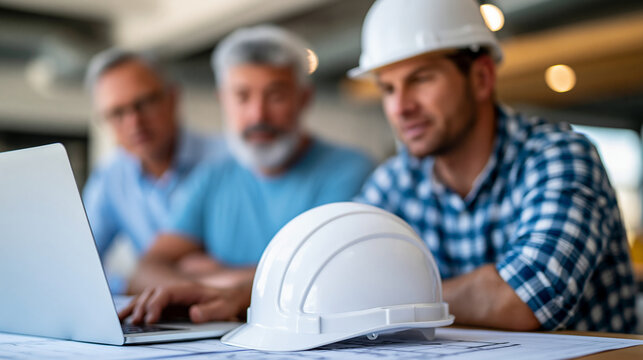 Anonymous three middle-aged men including a Caucasian foreman discussing a construction project at an office desk while reviewing blueprints and digital plans on a laptop,
