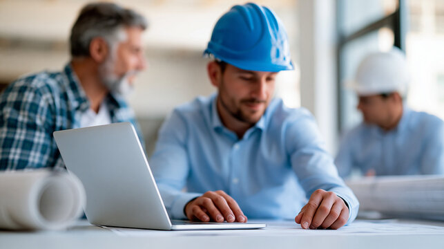 Anonymous three middle-aged men including a Caucasian foreman discussing a construction project at an office desk while reviewing blueprints and digital plans on a laptop,