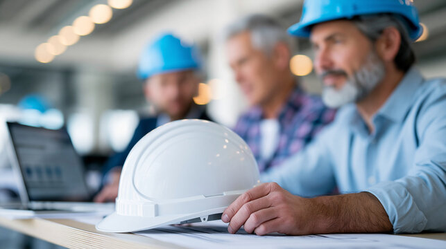 Anonymous three middle-aged men including a Caucasian foreman discussing a construction project at an office desk while reviewing blueprints and digital plans on a laptop,