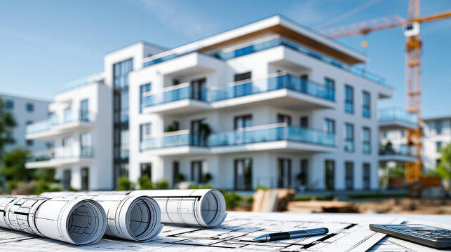 Modern apartment building construction from blueprint to reality with balconies and windows, architectural visualization and construction planning concept, defocused, with copy