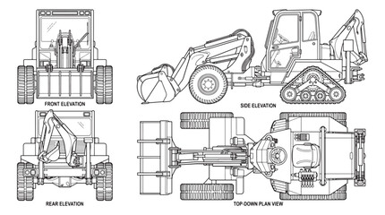 Obraz premium Backhoe Loader Technical Drawing and Blueprint Showing Multiple Views of Construction Vehicle
