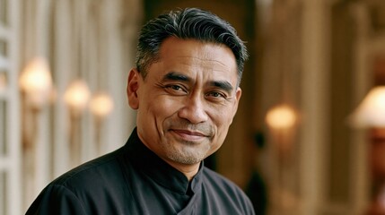 Obraz premium Neurodiversity Workplace Middle Aged Filipino Man In Soft Light