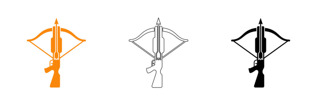 Crossbow icon set orange outline and black silhouettes for hunting and sport applications