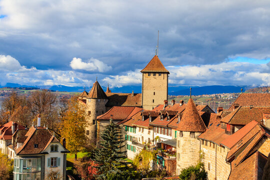 Aerial view of the old town of Murten city at autumn, Switzerland