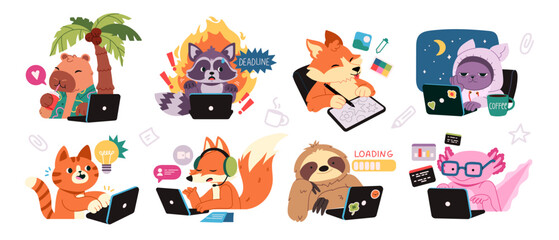 Fototapeta premium Animals Freelancing At Laptops Cartoon Set