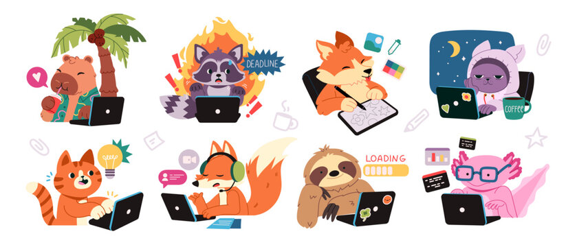 Animals Freelancing At Laptops Cartoon Set