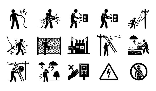 Electric Shock and High Voltage Electrocution Risk Silhouette Icons Vector Set