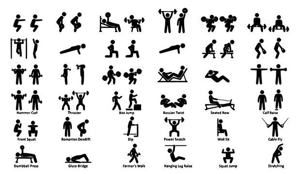 Weightlifting Exercise and Strength Workout Stickman Pictogram Icons Vector Set
