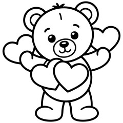 Fototapeta premium Sweet Bear Character Drawing With Raised Paws Holding Love Hearts and Simple Outlines Isolated on a Transparent or White Background