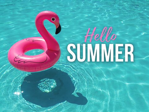Bright pink flamingo inflatable pool float drifting peacefully on clear turquoise water during a sunny day with text graphic saying hello summer in vibrant colors