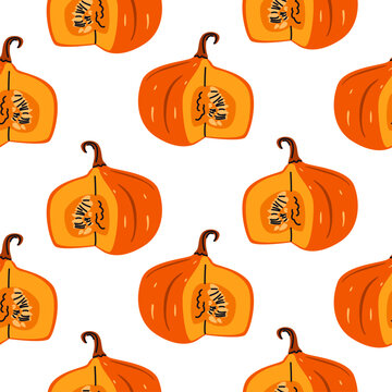 Seamless pattern with autumn pumpkins. Cozy background with orange vegetables. Surface design with squashes.