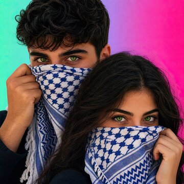 Young couple wearing keffiyeh scarves over faces