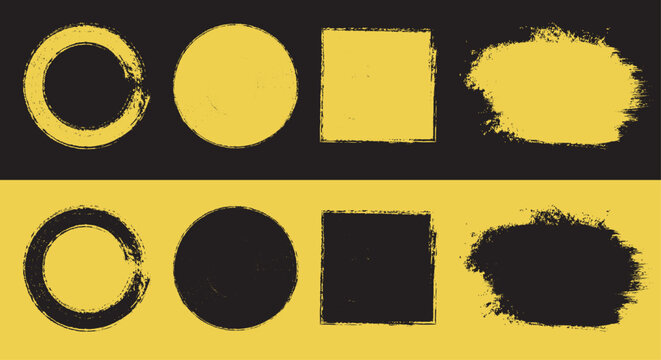Grunge geometric shapes stamp set distressed yellow black circular square frames textured paint ink badges retro borders.