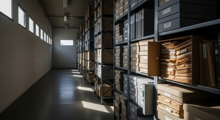 Obraz premium Secure archive depository with rows of organized document boxes on industrial shelving, illuminated by natural light for efficient storage and preservation.