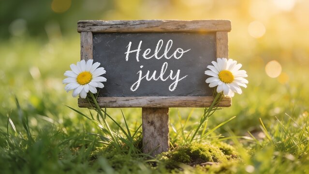 Rustic wooden chalkboard sign featuring the handwritten text hello july decorated with two fresh white daisy flowers standing upright in a lush green grassy garden setting