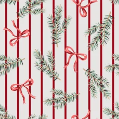Christmas seamless pattern, green fir twigs, red bows, striped background. Vector illustration. Nature design. Season greeting. Winter forest. Xmas holidays © ojardin