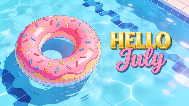 Bright pink donut pool float with colorful sprinkles floating on clear blue water during a sunny summer day in this cheerful digital illustration for july