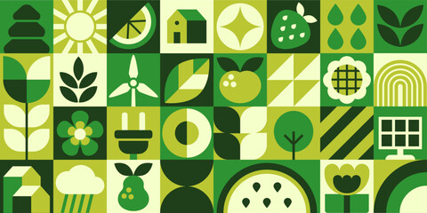 Eco friendly geometric pattern. Mosaic with green symbols of nature, alternative energy, sustainable lifestyle and organic elements. Ecology and environment. Flat human made vector illustration