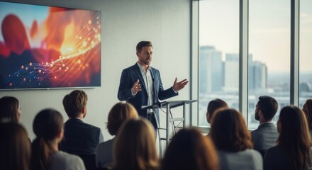 Plakat Confident business leader presents to attentive audience in modern conference room with city view and blurred presentation slide