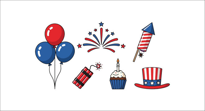Celebration elements including balloons fireworks dynamite cupcake and uncle sam hat vector illustration