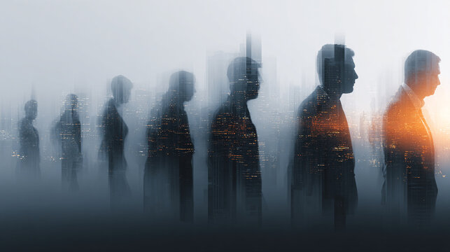 Business team walking together in foggy urban setting with determination and resilience