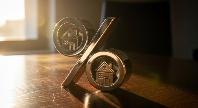 Golden percentage sign with house icons symbolizes mortgage rates and real estate investment in a warm, sunlit office