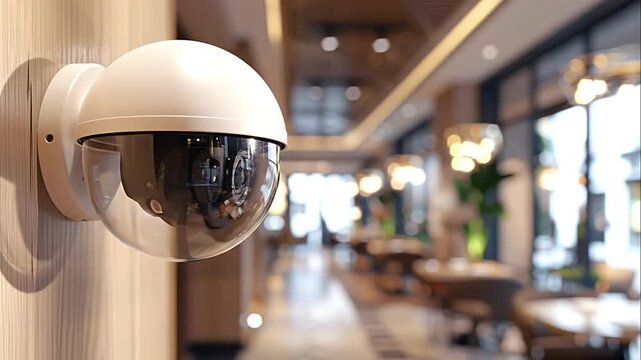 White dome security camera mounted on a wooden wall monitoring a modern restaurant interior