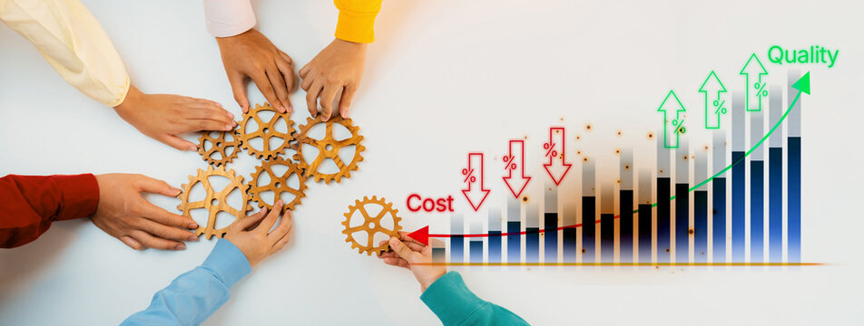 Team Collaboration on Business Growth with Gears and Graphs Illustrating Cost and Quality Management Strategies. Bitwise.