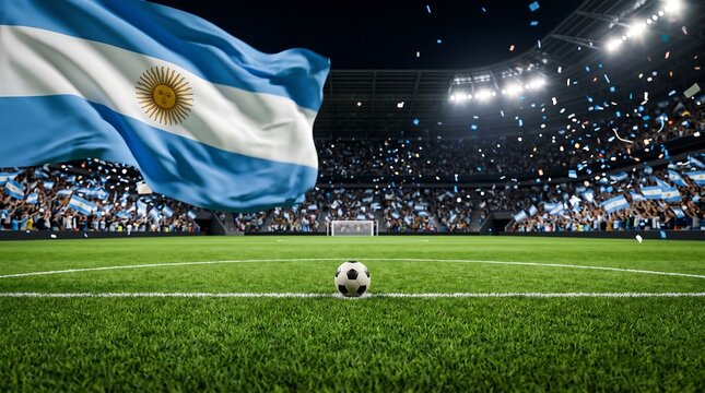 Argentine flag waving on a soccer field with a ball at night football 2026 , world cup 2026, world cup, FIFA world cup 2026, football final 2026