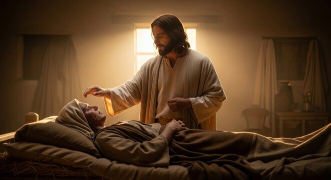 Jesus Christ healing a sick person in a rustic room with divine light, symbolizing hope and spiritual renewal.