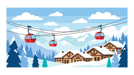 Winter landscape with ski resort and cable cars. © GW