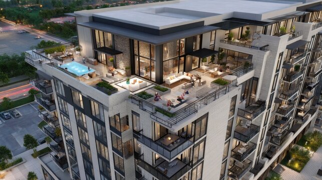 Luxury rooftop swimming pool on modern apartment building.