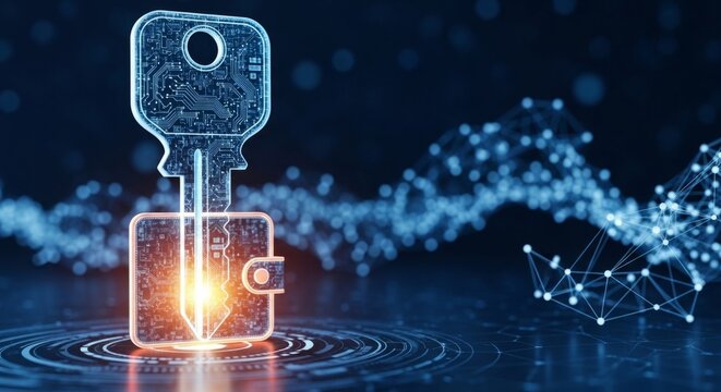 Futuristic digital key unlocks glowing e-wallet in abstract cyberspace, symbolizing advanced data security and crypto protection