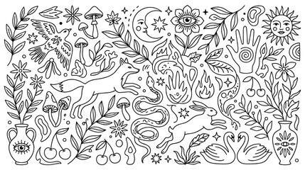 Naklejka premium Mystical forest elements set magic symbols black sketch.