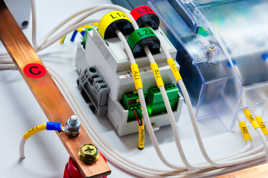 Copper high-voltage electrical busbars run horizontally along the frame, and electrical wires are connected to them. Metal terminals securely hold the connections. Industrial concept.
