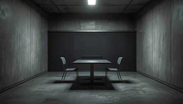 A stark, unused interrogation chamber featuring a cold metal table bolted to the floor, two rigid chairs facing each other, and a dark one-way observation glass spanning the wall, all illuminated