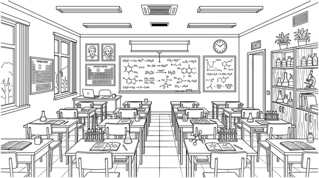 Classroom interior cartoon outlines back to school lesson.