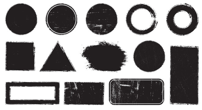 Grunge geometric shapes stamp set featuring distressed black circular square triangle borders textured print ink badges retro icons.