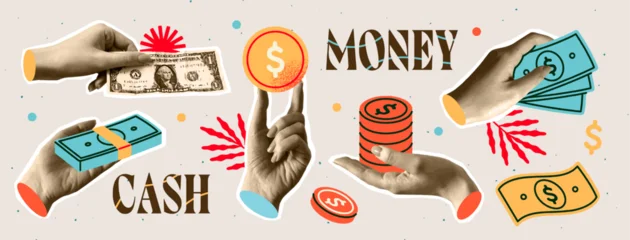 Fototapeten Pony Trendy halftone collage. Vintage retro design with realistic textured hands holding dollar bills, cash and gold coins. Finance concept. Human made vector illustration collection isolated on background  © 100% HAND-CRAFTED