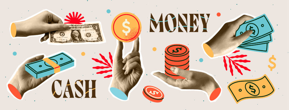 Trendy halftone collage. Vintage retro design with realistic textured hands holding dollar bills, cash and gold coins. Finance concept. Human made vector illustration collection isolated on background